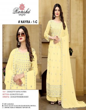 yellow top - georgette nayra patern | bottom - georgette plazo |dupatta - georgette embroidery (pakistani copy) fabric embroidery  work festive 