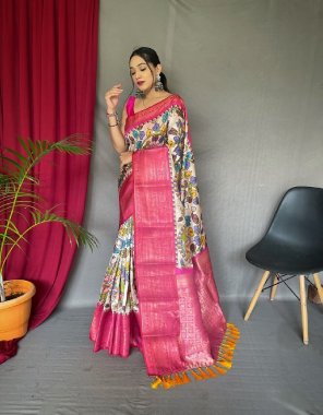 pink pure kanchipuram digital printed saree | 3d kalamkari prints all over the saree with rich pallu and tassels | blouse - contrast printed | saree cut - 6.30 (including blouse) fabric printed  work wedding 