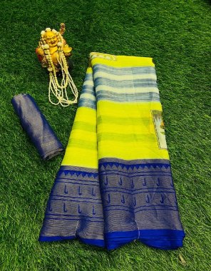 yellow chiffon brasso silk saree with unstitched blouse  fabric printed  work festive 
