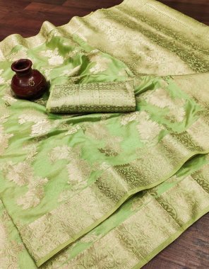parrot green organza | type - weaving  fabric weaving  work ethnic 