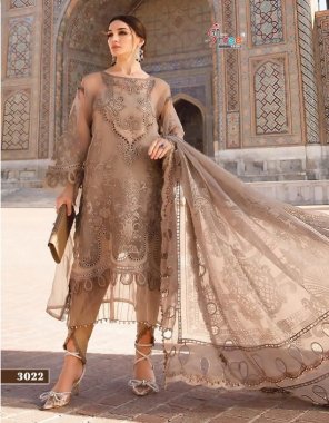 brown top - pure lawn cotton with exclusive heavy self embroidery with patches (2 des organza with cotton inner d num 3022/27 ) | bottom - semi lawn | 6 dupatta designs embroidered net | 2 designs dupatta 3023 / 3026 tabby silk fabric embroidery  work ethnic 