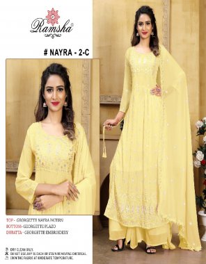 yellow top - georgette nayra patern | bottom - georgette plazo |dupatta - georgette embroidery (pakistani copy) fabric embroidery  work ethnic 