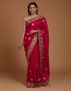 red soft dual tone vichitra silk | work - heavy zari embroidery work | blouse - heavy banglory silk (master copy)  fabric embroidery  work ethnic 