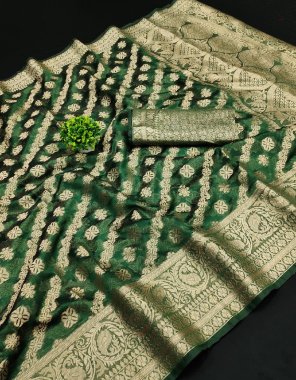 dark green organza fabric printed  work wedding 