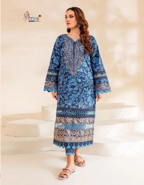 sky top - pure cotton print with exclusive embroidery 2 patch | bottom - semi lawn printed | dupatta - chiffon (pakistani copy) fabric embroidery  work ethnic 