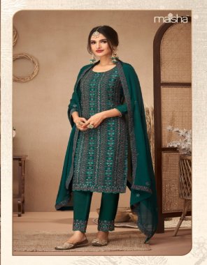 dark green top - on pure chinon beautiful delicate codding embroidery work with delicate sarvoski work and laces | top inner pure santoon | bottom - pure santoon with embroidery coding payal | dupatta - on pure chinon embroidery codding work and decorated with swarovski work  fabric embroidery  work ethnic 