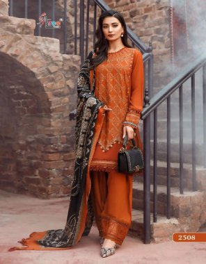orange top - pure heavy rayon cotton dyed with heavy kasmiri self embroidery | bottom - pure rayon cotton | dupatta - silver chiffon (pakistani copy) fabric embroidery  work festive 