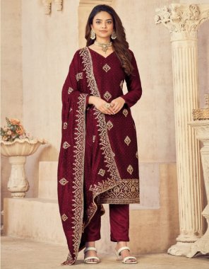 maroon top - blooming vichitra with embroidery work | dupatta - blooming vichitra with embroidery work | bottom - dull santoon (matser copy) fabric embroidery  work ethnic 