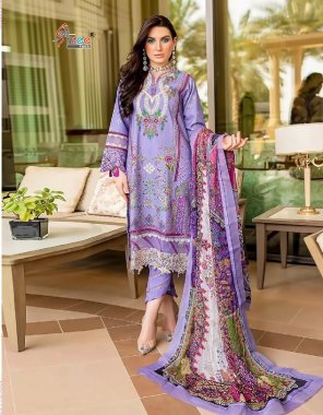 purple top - pure cotton print with exclusive embroidery patches | bottom - sami lawn | dupatta - cotton (pakistani copy) fabric embroidery  work wedding 