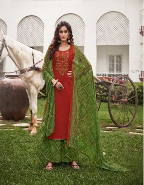 red top - pure heavy jam cotton with heavy embroidery work (2.50 mtrs) |dupatta - pure nazneen chiffon print (2.30 mtr) | bottom - pure soft cotton printed salwar (3 mtrs)  fabric embroidery  work wedding 