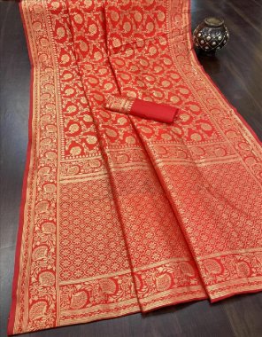 red jari woven banarasi silk saree with rich pallu & running blouse  fabric printed  work festive 
