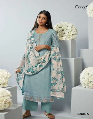 sky top - premium cotton printed with embroidery and cotton lace | bottom - premium cotton solid | dupatta - finest woven viscose jacquard with printed border fabric embroidery  work ethnic 