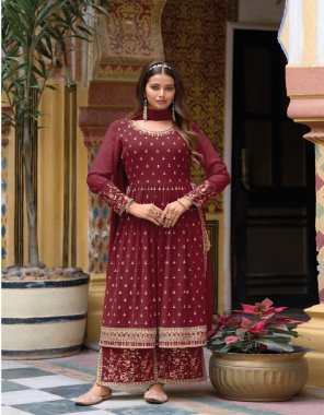 maroon top - real georgette with multi embroidery & sequence work (nyra cut with full sleeves border work & latkans) | bottom - real georgette plazo (heavy multi embroidery & sequence work ) | dupatta - real georgette with latkans fabric embroidery  work wedding 