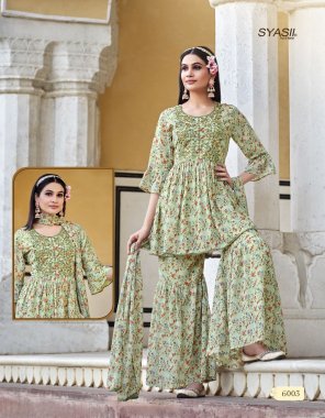 pista top - pure and heavy georgette with floral printed with inner | bottom - comfortable heavy and beautiful floral printed georgette with inner | dupatta - heavy and beautiful floral printed georgette | top work - with beautiful embroidery & mirror work tunic set with different types of beautiful designer tassels on its placket  fabric embroidery  work ethnic 