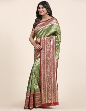 parrot green pure banarasi silk designer saree with multi thread weaving designer patli & pallu | matching blouse  fabric printed  work ethnic 