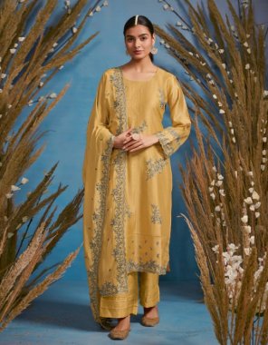 yellow top - slub cotton with placement embroidery / scalloped border on hemline and sleeves | dupatta - cotton with four side scalloped embroidery border and buttis | bottom - cotton satin solid  fabric embroidery  work ethnic 