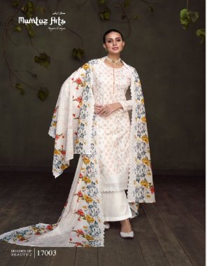white  top - pure lawn with full shirt lucknowi embroidery & shifli + fancy work in daman | back - dyed plain dyed | dupatta - pure lawn digital print with both side border embroidery + shifli work | bottom - pure cotton cambric dyed  fabric embroidery  work ethnic 