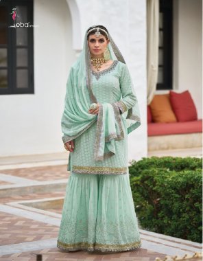 pista top - faux georgette with embroidery work with heavy fancy lace | dupatta - faux georgette embroidery work | bottom - faux georgette with embroidery plazzo front & back work  fabric embroidery  work wedding 