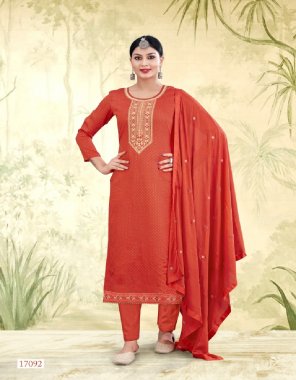 orange top - weaving pattern viscose silk with jarkan work | bottom - dull santoon | dupatta - chinon work with four side border  fabric embroidery  work festive 