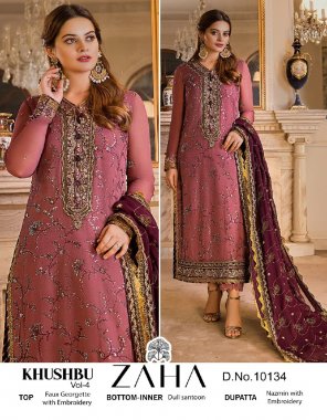 pink top - faux georgette with embroidery | bottom& inner - santoon | dupatta - nazmin with embroidery  fabric embroidery work wedding  
