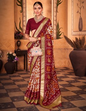 maroon silk blend ikkat zari border patola designer saree with blouse piece fabric printed work festive 
