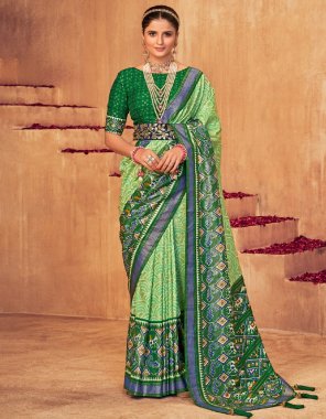 parrot green silk blend bandhani  zari border ikkat  designer saree with blouse piece fabric printed work festive 