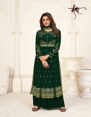 dark green top - georgette crux with heavy embroidery work | bottom - georgette with free size stitched plazo | inner - heavy dull santoon | dupatta - georgette with heavy embroidery work with four side lace  fabric embroidery  work wedding 