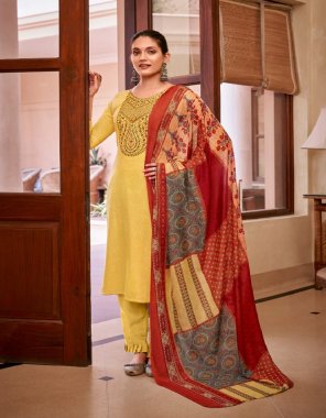 yellow top - zam cotton negetive print with heavy embroidery with sarvoshki daimond (2.50 mtrs) | bottom - cotton solid | dupatta - pure bember chiffon printed fabric printed  work festive 