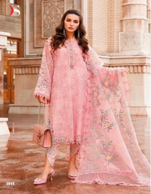 baby pink top - 4 pc - pure cotton print with heavy embroidery 1 pcs - pure cotton with embroidery 3 pcs - organza with inner & heavy embroidery | bottom - cotton solid / print | dupatta - 4 pcs -  net / organza with emb 2 pcs - chiffon with emb 2 pcs - chiffob print ( pakistani copy) fabric embroidery  work ethnic 