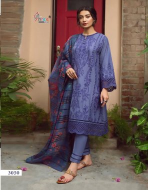 sky top - pure lawn cotton with heavy self embroidery | bottom - semi lawn | dupatta - chiffon (pakistani copy) fabric embroidery  work wedding 