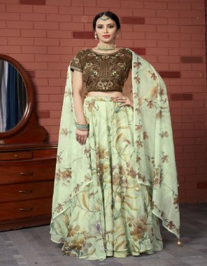 pista lehenga - premium silk organza with digital print | top - fancy embroidered blouse | dupatta - premium silk organza with digital print and latkans | size - 38 ready 2 - 2 inch margin extended 44 | sleeve inside  fabric embroidery  work wedding 