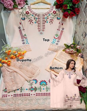 peach top - fox georgette | dupatta - naznin with embroiodery 2 side lace | pant - jam cotton with embroidery | inner - dull santoon  fabric embroidery  work ethnic 