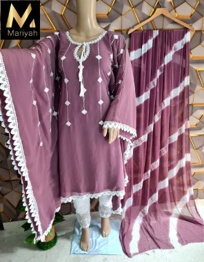 purple top - heavy georgette kaftan style stitched | bottom - cotton stretchable | dupatta  -  chiffon tie & dye  fabric thread work wedding 
