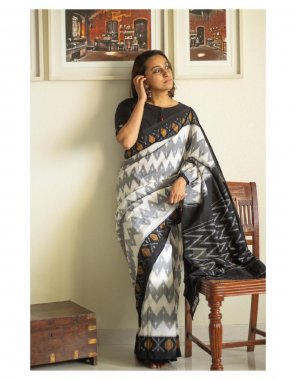 black pure linen saree with pochampally style 3d digital print & designer blouse  fabric printed  work festive 