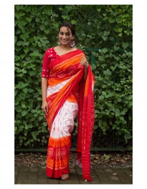 red pure linen saree with pochampally style 3d digital print & designer blouse  fabric printed  work ethnic 