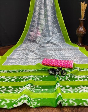 parrot green pure linen sarees with pochampally style 3d digital print & designer blouse & silver zari patta fabric printed  work ethnic 