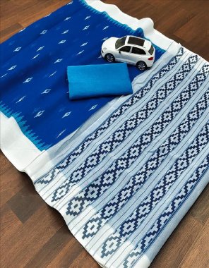 sky pure linen sarees with pochampally style 3d digital print  fabric printed  work festive 