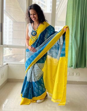 yellow pure linen sarees (6.40 meter) with pochampally style 3d digital print & designer blouse  fabric printed  work wedding 
