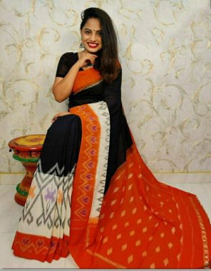 orange pure linen sarees (6.40 meter) with pochampally style 3d digital print & designer blouse  fabric printed  work wedding 
