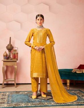 yellow top - pure muslin dola jacquard | bottom - parampara silk | dupatta - muslin with diamond and four side lace work  fabric printed  work ethnic 