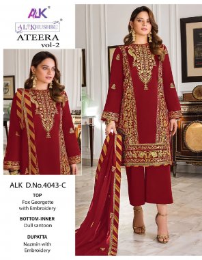 maroon top - fox georgette | bottom inner - dull santoon | dupatta - nazmin with embroidery (pakistani copy) fabric embroidery  work festive 