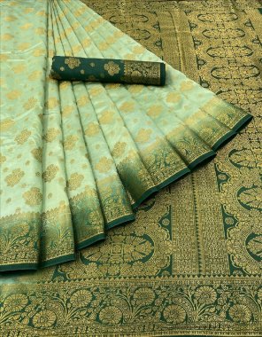 dark green pure banarasi silk look saree | zari woven patta | rich contrast pallu & contrast designer blouse  fabric printed  work festive 