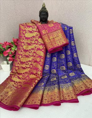 sky pure banarasi silk look saree | zari woven patta | rich contrast pallu & contrast designer blouse  fabric printed  work ethnic 
