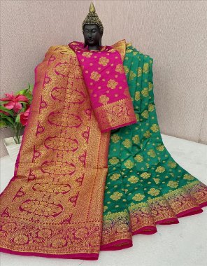 pink pure banarasi silk look saree | zari woven patta | rich contrast pallu & contrast designer blouse  fabric printed  work wedding 