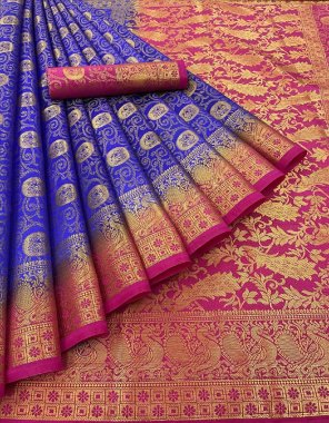 sky pure banarasi silk look saree | zari woven patta | rich contrast pallu & contrast designer blouse  fabric printed  work festive 