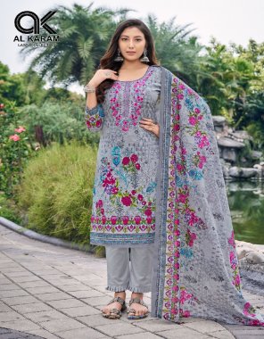 sky top - pure cambric 2.40 mtr with neck self embroidery | bottom - cotton 2.25 mtr | dupatta - pure cotton mal mal 2.25 mtr fabric printed  work ethnic 