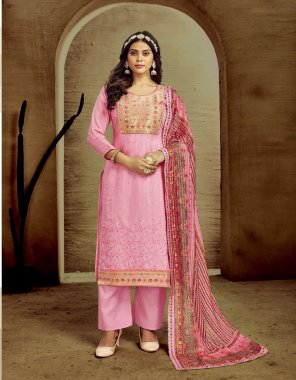 baby pink top - pure muslin with work and jacquard neck | bottom - rayon | dupatta - pure muslin pattern digital print with four side lace work  fabric embroidery  work wedding 