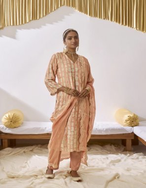 peach top - pure muslin with digital print placement dori scalloped embroidery on hemline and sleeves | dupatta - pure modale silk with dori scalloped embroidery border and pattern on dupatta | bottom - pure cotton satin solid  fabric embroidery  work wedding 