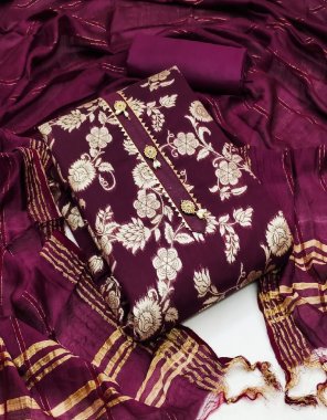maroon top - banarasi jacquard 1.9 mtr | bottom / inner - santoon 4 mtr | dupatta - diable chanderi fancy 2.1 mtr  fabric embroidery  work festive 