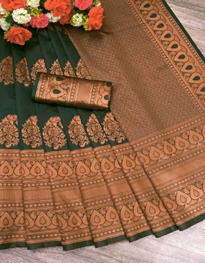 dark green soft lichi silk cloth | blouse - contrast with exclusive jacquard border (master copy) fabric printed  work festive 